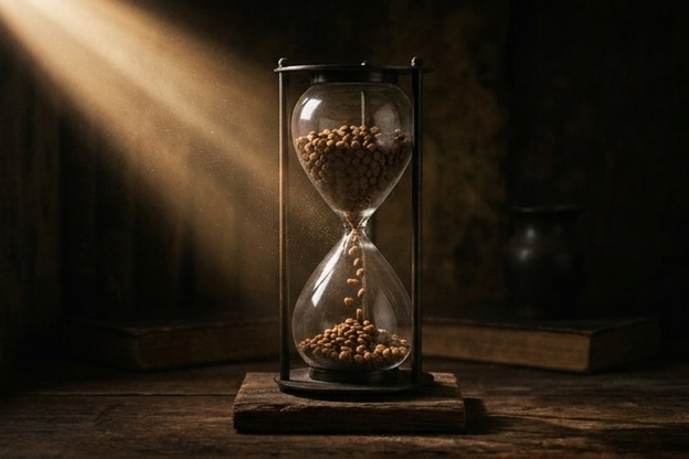 Reloj de arena con croquetas cayendo en lugar de arena